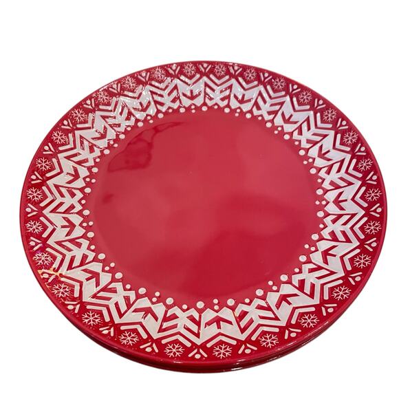 Holiday Red & White Melamine 11in Dinner Plates Set of 4 Christmas Snow New - Picture 2 of 10